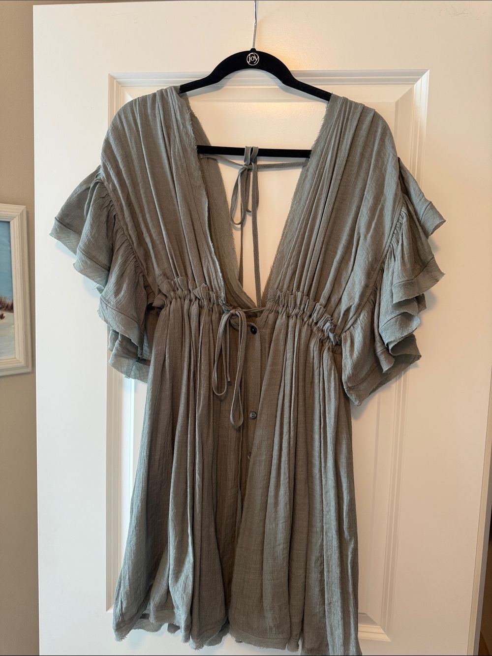 Flutter Sleeve Mini Dress in Sage with Tie Waist